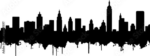 Black vector silhouette illustration of the New York City skyline with iconic skyscrapers at night