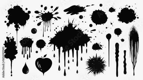 Vector art of collection of black ink splashes, splatters, drips, and blots isolated on a white background, representing grunge and messy artistic elements