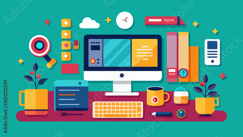 Vector art of modern flat design illustration of a computer desk setup with various office supplies and technology elements, representing a creative workspace and digital productivity