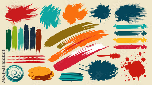 Vector art of assortment of vibrant paint strokes, ink splatters, and artistic elements in various colors, creating a dynamic and textured visual composition on a light background