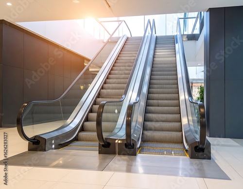 Converging perspectives of escalators reaching into the airy light filled atrium