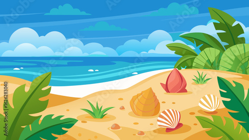 Vector art of idyllic tropical beach with golden sand, turquoise ocean waves, and lush green foliage, featuring scattered seashells and a clear blue sky