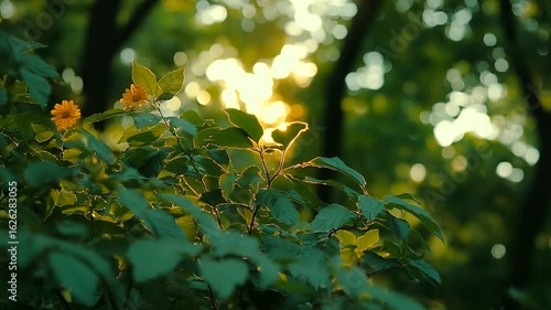Golden Hour in Nature: A Serene Sunset Through Green Leaves and Yellow Flowers