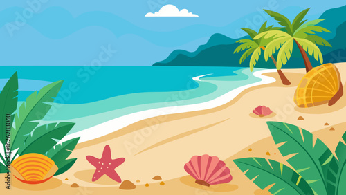 Vector art of a beautiful tropical beach with gentle ocean waves, sandy shore, palm trees, and vibrant seashells, under a partly cloudy blue sky