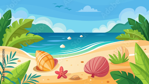 Vector art of idyllic tropical beach with gentle ocean waves, sandy shore, lush foliage, and seashells, perfect for a summer holiday escape