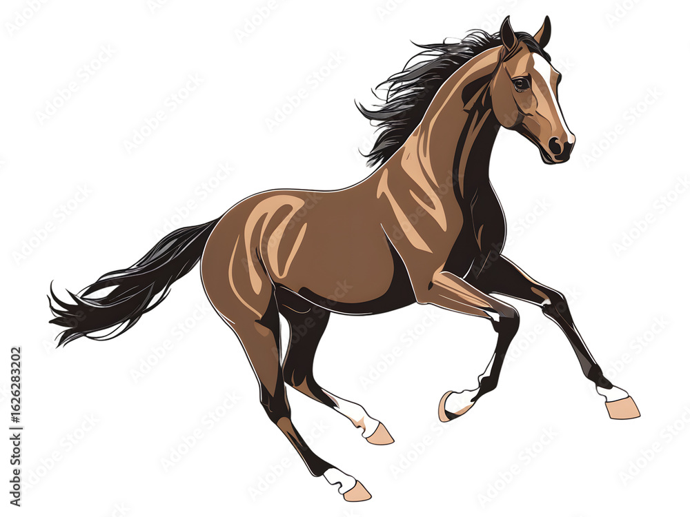Fototapeta premium Elegant brown horse galloping powerfully, symbolizing freedom and grace in motion, a stunning equine icon