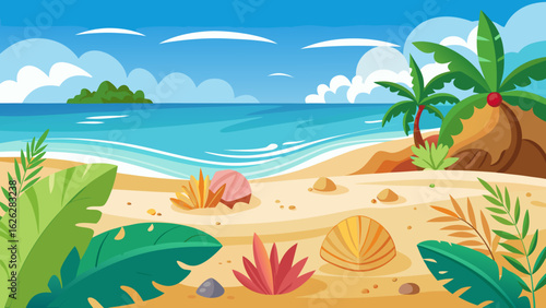 Vector art of vibrant tropical beach scene with palm trees, colorful seashells, and clear blue ocean under a sunny sky with fluffy clouds, evoking a sense of summer vacation and paradise