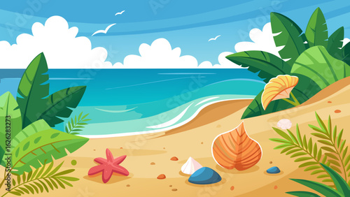 Vector art of idyllic tropical beach with lush green foliage, gentle waves lapping the shore, and scattered seashells under a bright blue sky with soaring seabirds, perfect for a summer getaway