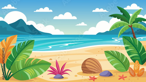 Vector art of idyllic tropical beach with lush green foliage, palm trees, and seashells scattered on the golden sand, overlooking the turquoise ocean