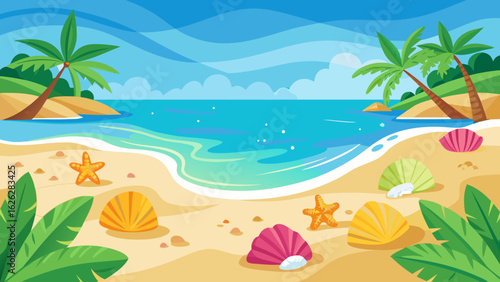Vector art of tropical beach scene with palm trees, seashells, and starfish on the sand, with gentle waves lapping the shore under a blue sky with clouds