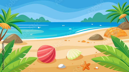 Vector art of a colorful cartoon depiction of a serene beach with unique shells, a starfish, and palm trees, set against a clear blue ocean and sky, perfect for summer holiday themes