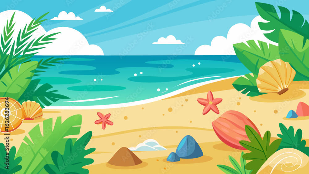 Obraz premium Vector art of a vibrant tropical beach scene with clear blue water, golden sand, lush green foliage, and colorful seashells under a bright sunny sky with fluffy clouds
