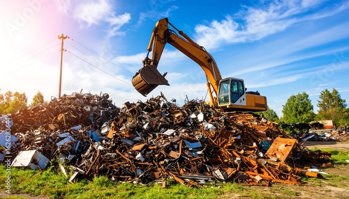 Excavator atop a mountain of scrap metal under a bright blue sky with wispy clouds
