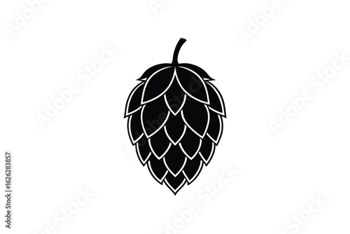 A simple black silhouette of a single hop cone with a stem isolated on a white background representing brewing and agriculture silhouette