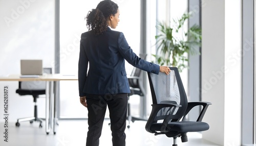 An African-American woman in a blazer looks out the window, adjusting her office chair.