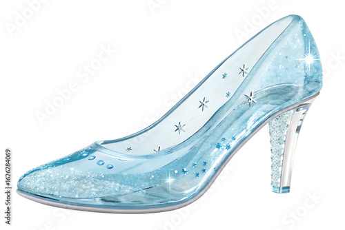 Ice blue crystal slipper with snowflake patterns and frosted glass appearance featuring delicate winter-themed decorative elements, isolated on a transparent background