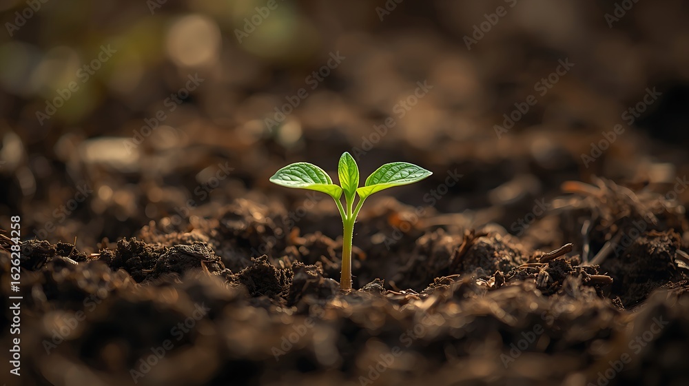 Fototapeta premium Tiny green seedling emerging from rich dark soil with morning dew