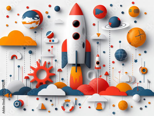 Colorful 3D rocket launch concept with planets, clouds, and space elements on white background