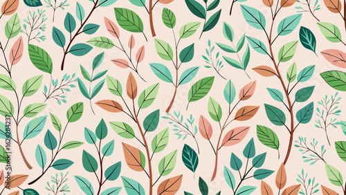 Vector art of a seamless pattern of stylized branches with leaves in various shades of green, teal, orange, and red on a light beige background, evoking a natural and botanical theme