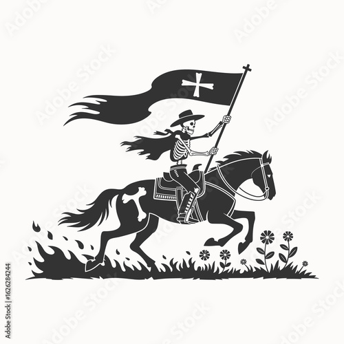 Skeleton Horseman Riding with Flag, Black and White Illustration of Brave Warrior on Horseback, Medieval Knight, Halloween, Adventure, Courage, and Historical Symbolism