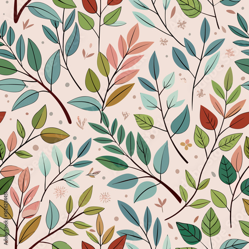 Vector art of charming seamless pattern with branches adorned in teal, red, and green leaves on a soft pink background, suitable for stationery and apparel