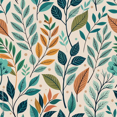 Vector art of repeating seamless pattern featuring stylized branches with teal, orange, and green leaves on a cream background, ideal for fabric and home decor