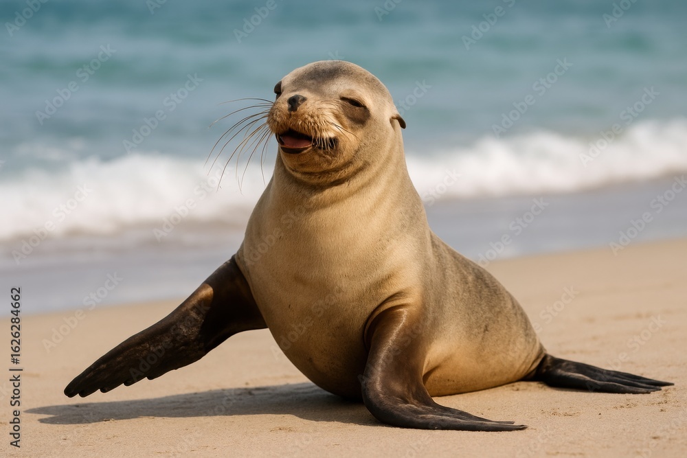Fototapeta premium California Sea Lion on Sandy Beach near Ocean Waves
