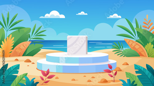 Vector art of serene beach backdrop with a multitiered white podium, perfect for product placement, amidst tropical plants and the calm ocean