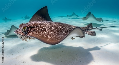 A school of majestic stingrays gliding gracefully over the sandy seabed in crystal clear tropical waters.