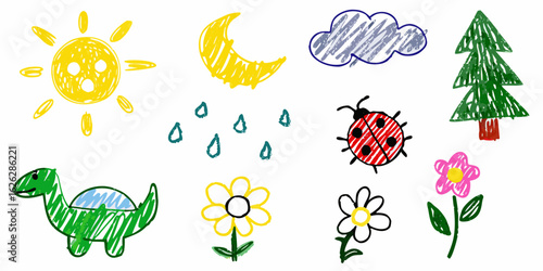 Collection of simple crayon drawings of nature elements and animals for children