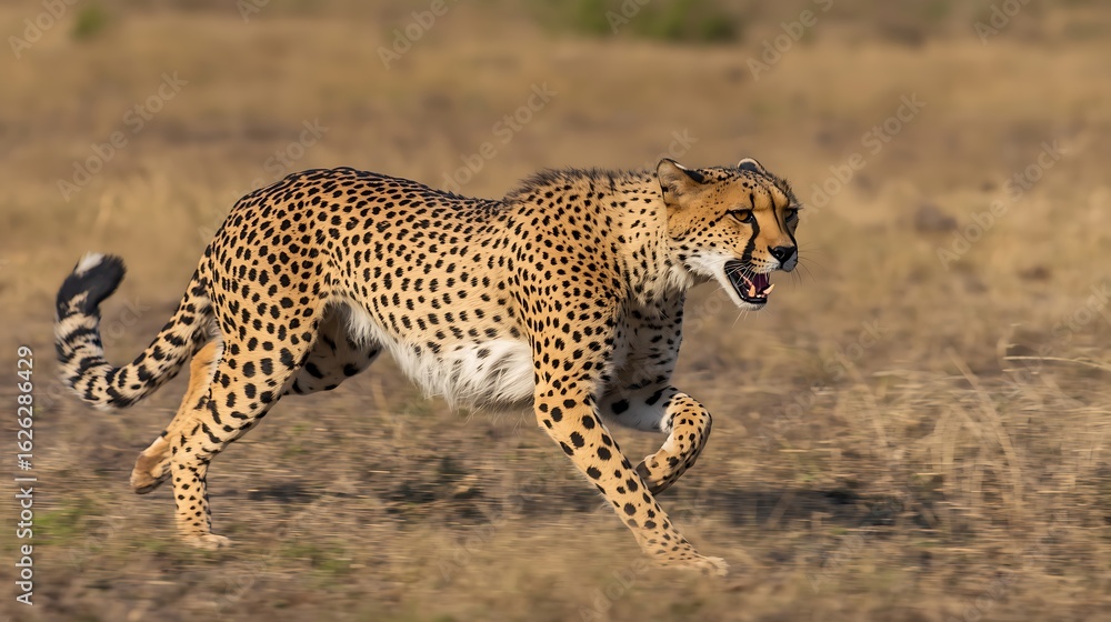 Fototapeta premium A cheetah walking through a shallow stream in the savannah