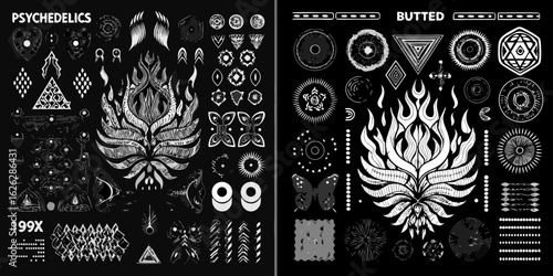 Collection of psychedelic and abstract graphic elements with fire and butterfly motifs