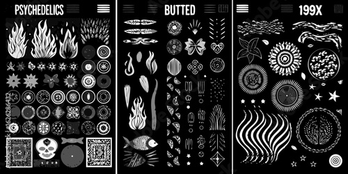 Collection of psychedelic butted and 199x style hand drawn graphic elements and icons