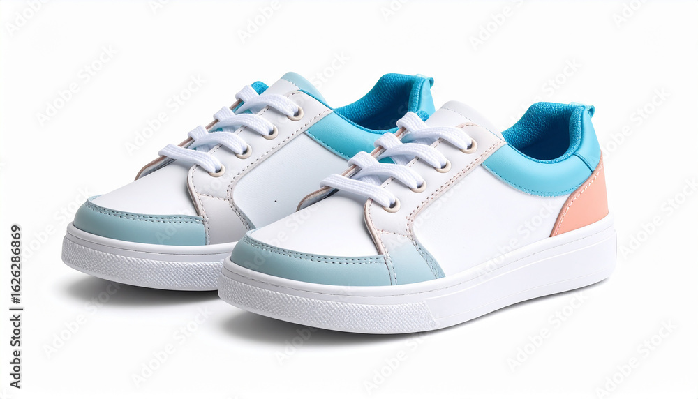 Trendy baby sneakers with colorful accents, placed diagonally on a seamless white background, soft drop shadow, clean and contemporary look Trendy baby sneakers with colorful accents, placed diagonally on a seamless white background, soft drop shadow, clean and contemporary look