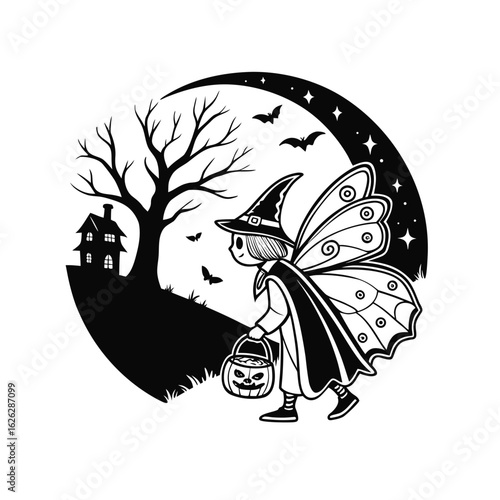 Fairy witch with pumpkin bucket halloween night