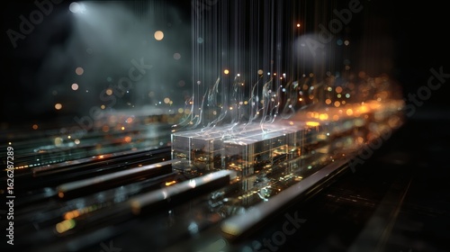 Immersive visualization of advanced integrated circuit layers stacked vertically, each layer semi-transparent and actively processing data shown as streams of cascading light particles, representing 