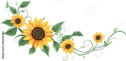 Bright yellow sunflowers and green leaves forming a decorative floral border element