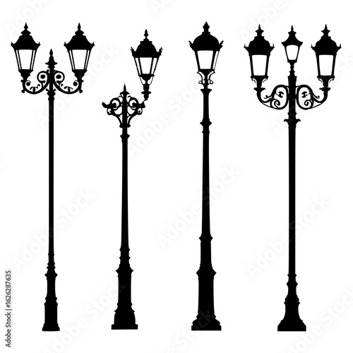 Vector silhouette of vintage street lamp posts in 