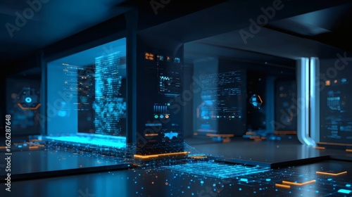 Digital twin environment of a high-performance computer interior, with animated overlays showing data throughput, processor temperature, and real-time instruction execution across multiple cores 