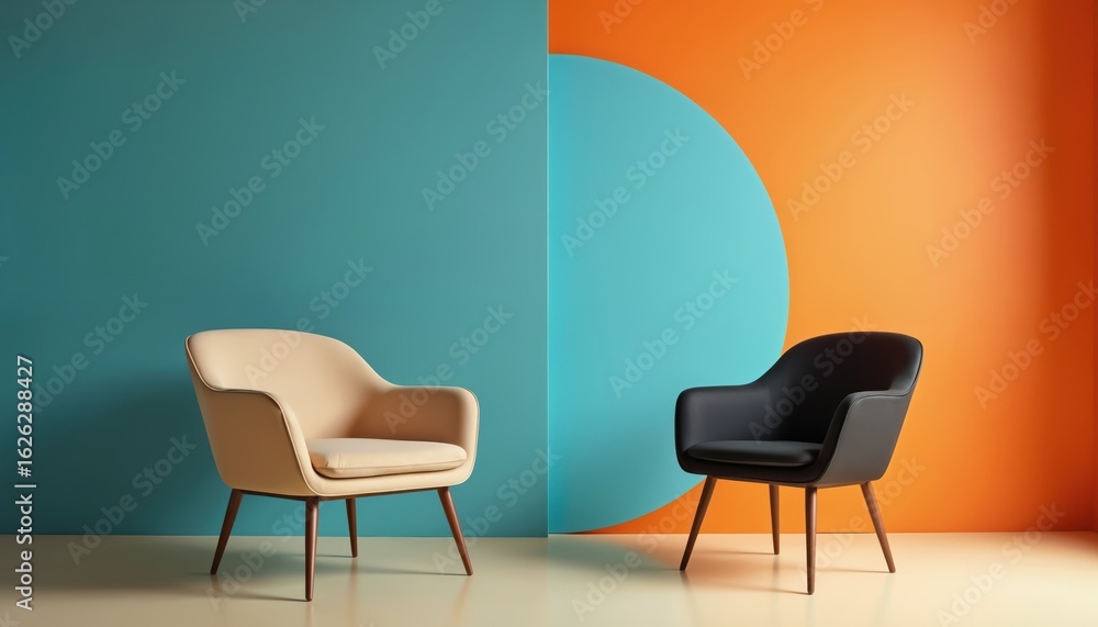 Obraz premium Two modern chairs, one beige, one black, stand against split background of teal, orange. Chairs feature minimalist design with wooden legs, creating stylish, comfortable seating arrangement suitable
