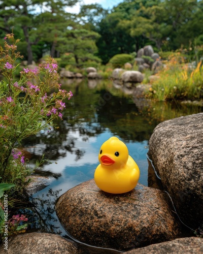 Yellow rubber duck on rocks in a tranquil garden pond