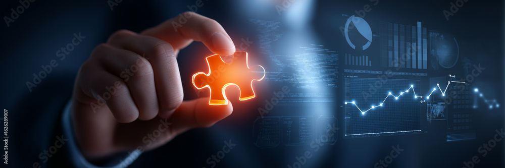 Businessman hand reach out glowing blue finger touch digital jigsaw puzzle piece banner. Businessman hand reach out glowing blue finger touch digital jigsaw puzzle piece banner.