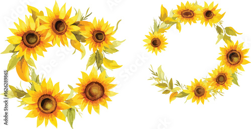 Two beautiful watercolor sunflower wreaths with green leaves on a white background