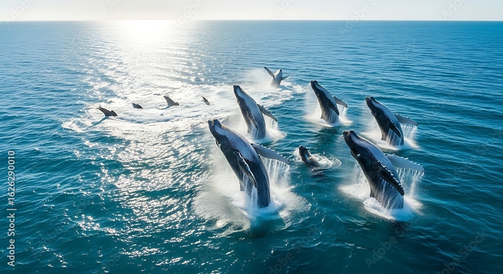 Fototapeta premium Spectacular aerial view of humpback whales breaching in the shimmering ocean during migration