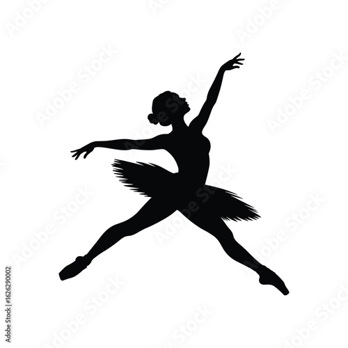 Silhouette of a graceful ballerina in a dynamic pose on a white background