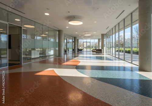 Wallpaper Mural Polished Terrazzo Floor with Colorful Geometric Pattern in Modern Building Interior, sunny day, high-end office lobby, glass walls, minimalist furniture, vibrant reflections. Torontodigital.ca