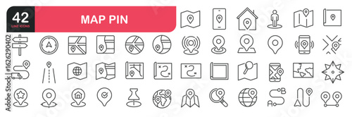 Set of line icons related to map pin, location, GPS. Outline icons collection. Editable stroke. Vector illustration