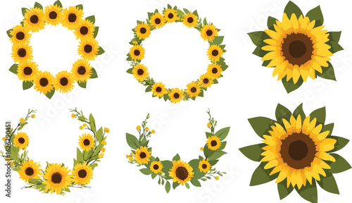 Collection of six decorative sunflower wreaths and individual flower heads on a white background