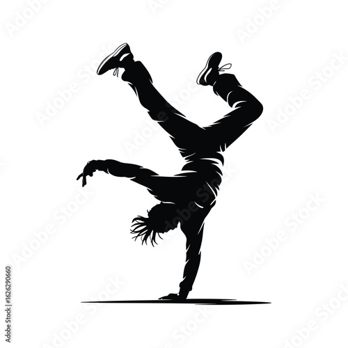 Silhouette of a breakdancer performing a dynamic handstand move