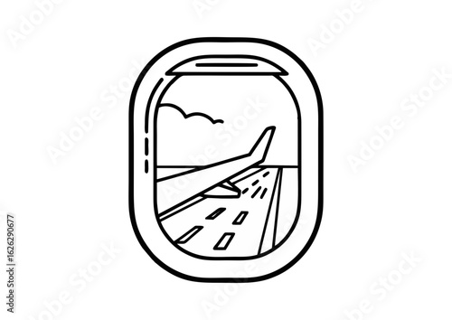 Airplane window view illustration showing wing and jet bridge in minimalist style for travel concepts.